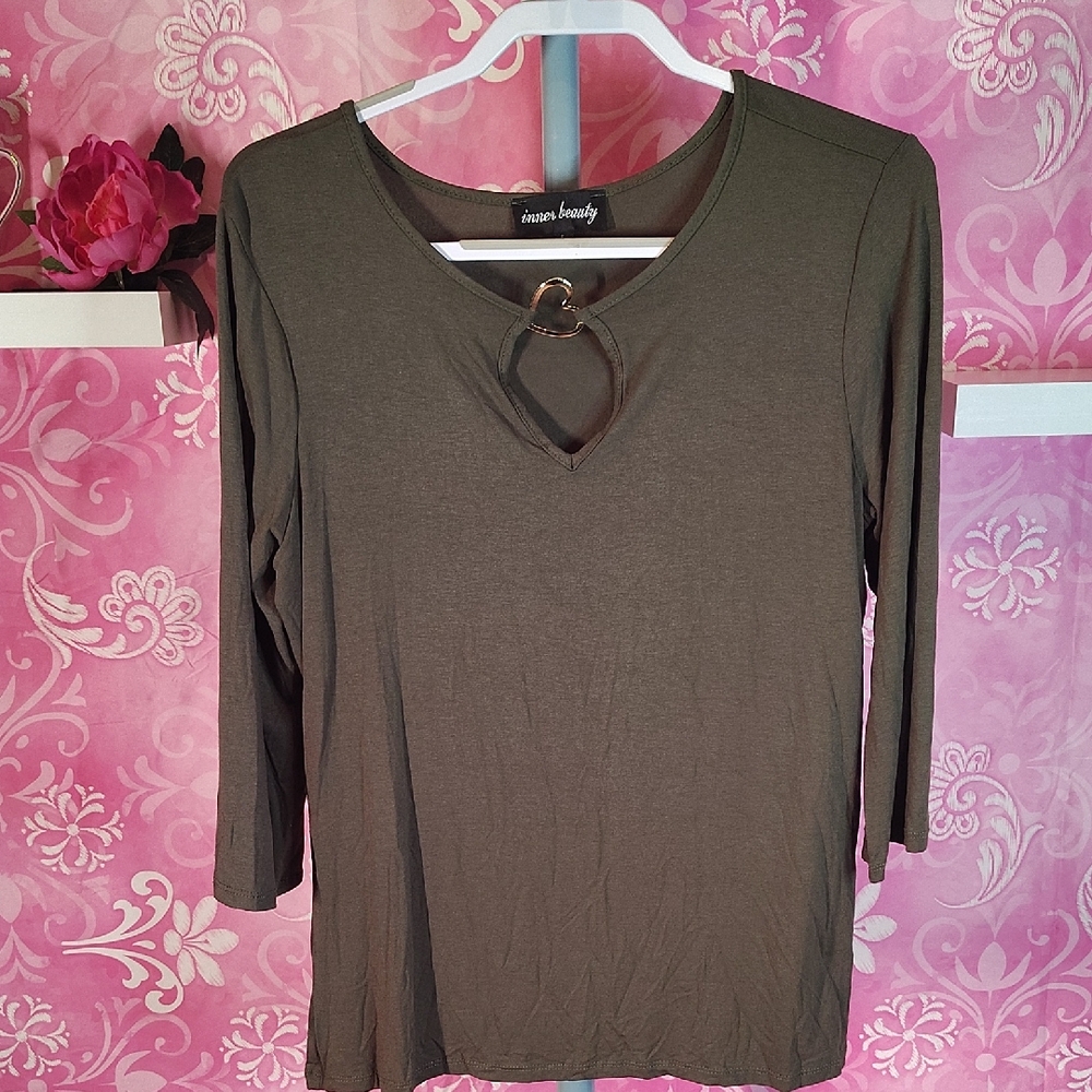 Inner Beauty Olive Long Sleeve Top with Ring Accent